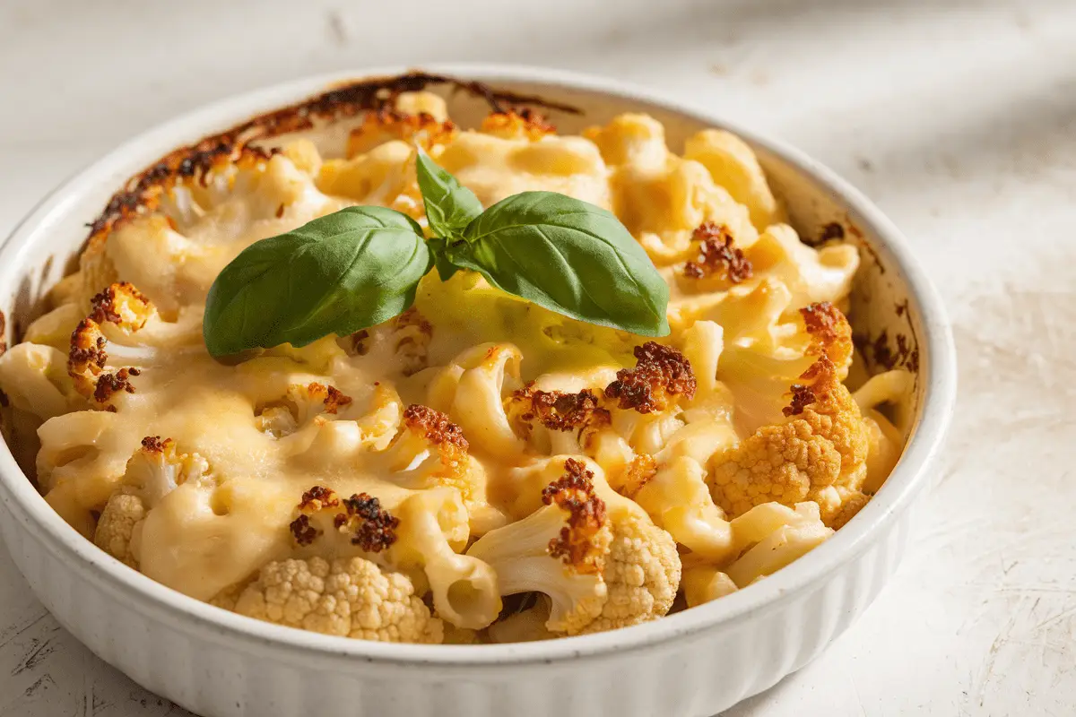 Close-up of Keto Cauliflower Mac and Cheese in a white baking dish. The casserole features roasted cauliflower florets topped with a creamy, melted cheese sauce, garnished with fresh basil leaves.