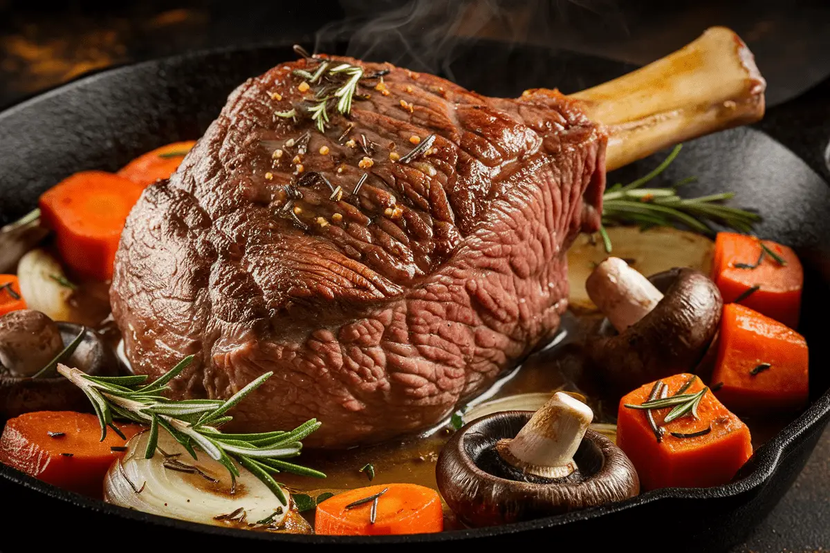 Close-up view of a cooked beef arm roast in a cast iron skillet. The roast is surrounded by roasted carrots, mushrooms, onions, and fresh rosemary sprigs, with steam rising to highlight the warmth of the dish.