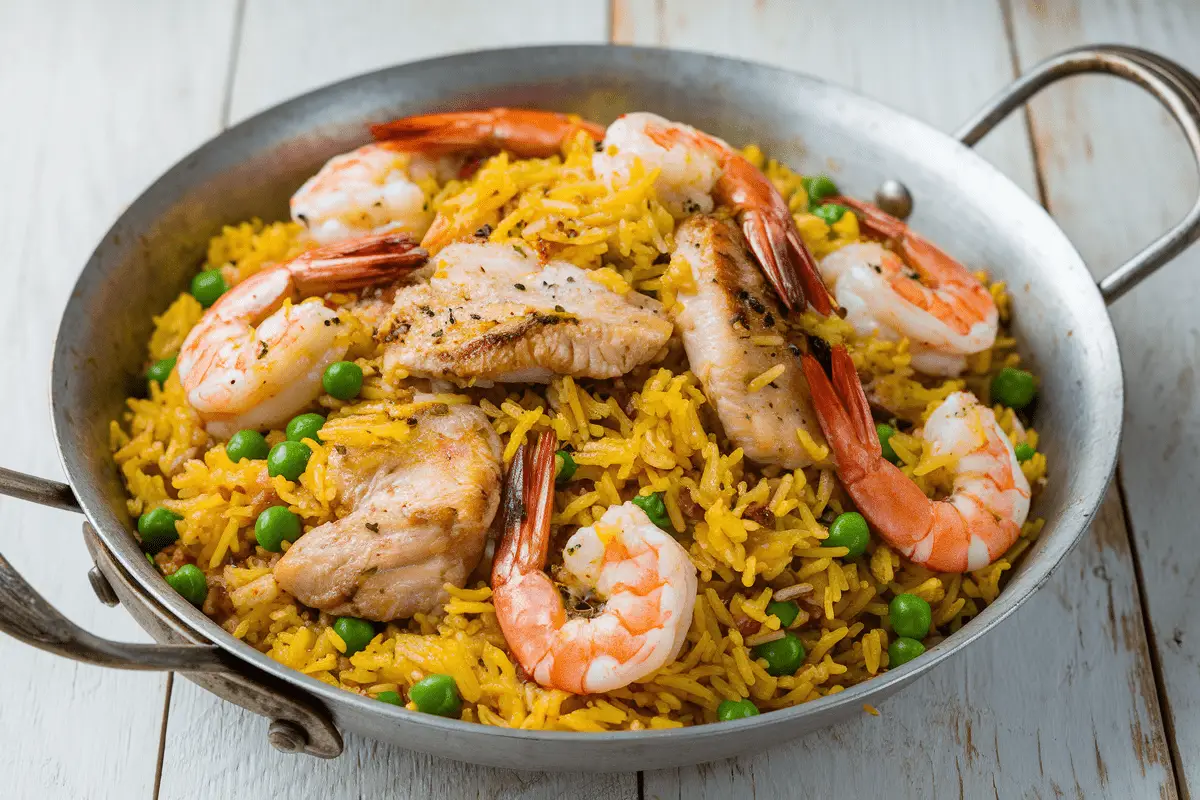 A vibrant bowl of Chicken and Shrimp Fried Rice Recipe featuring golden yellow rice, tender chicken, juicy shrimp, and green peas, served in a rustic silver pan on a wooden table