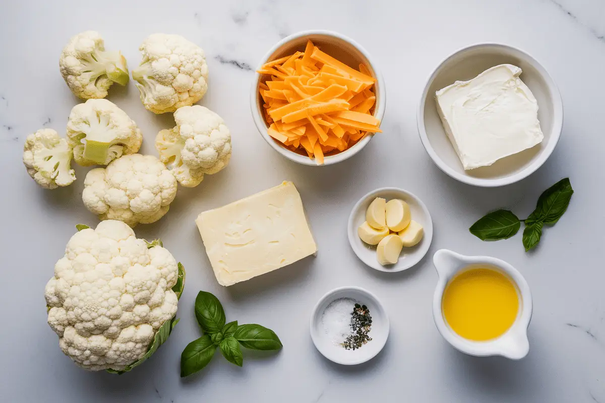 Flat-lay of raw ingredients for Keto Cauliflower Mac and Cheese on a white marble surface. Ingredients include fresh cauliflower florets, shredded cheddar cheese, cream cheese, garlic cloves, butter, basil leaves, and seasoning spices.