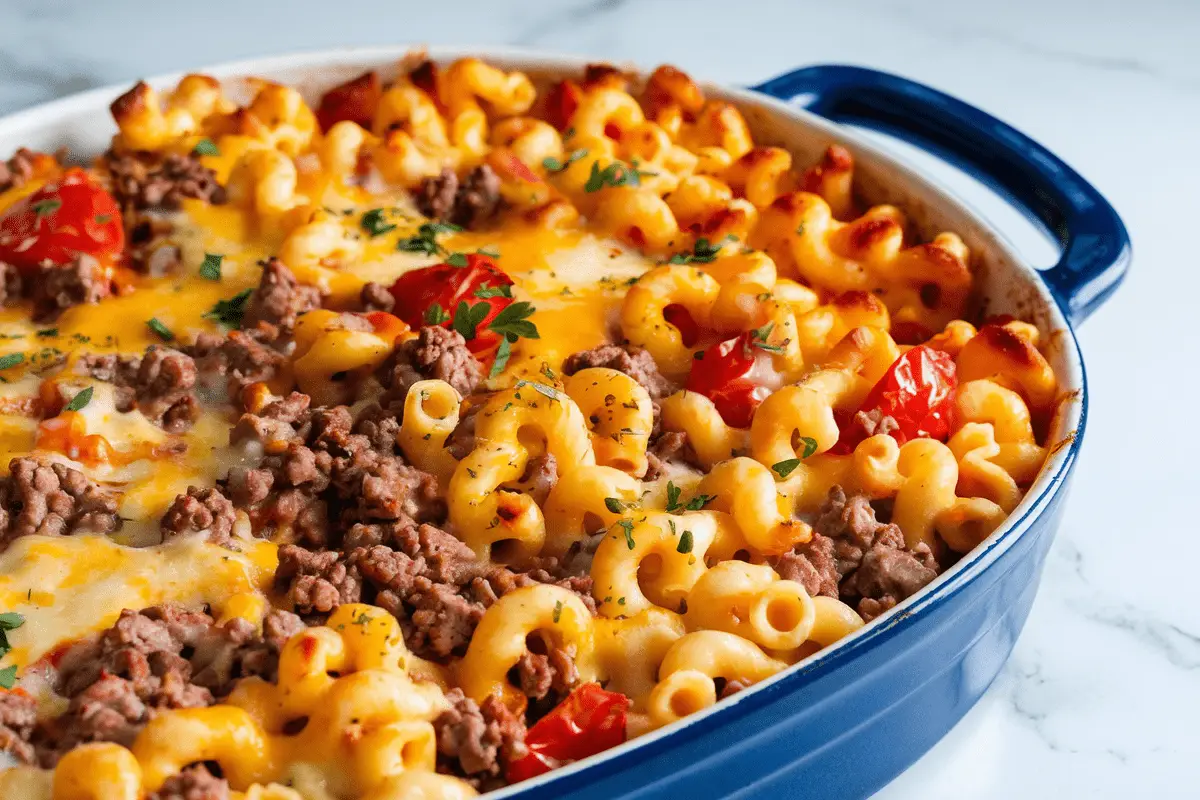 Beef Queso Mac and Cheese served in a bowl with fresh toppings