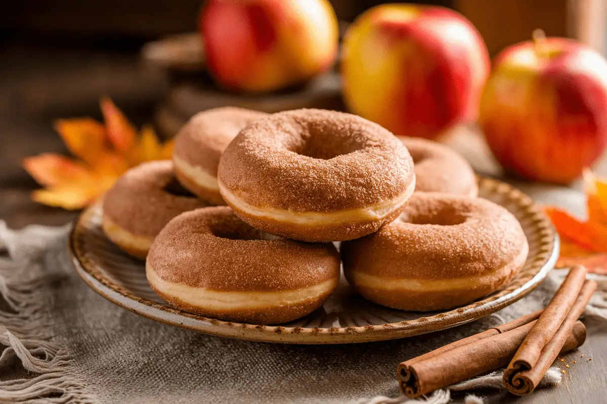 A plate of apple cider donuts stacked neatly on a ceramic dish, surrounded by vibrant red apples, cinnamon sticks, and scattered autumn leaves. The donuts are coated in a generous layer of cinnamon sugar, with warm natural light enhancing the cozy autumn aesthetic. A rustic wooden table and linen cloth create a homely, inviting vibe.