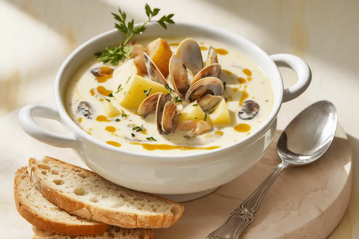 Homemade Red Lobster clam chowder recipe in a bowl with creamy broth and fresh clams. A serving of Red Lobster clam chowder garnished with parsley and oyster crackers.