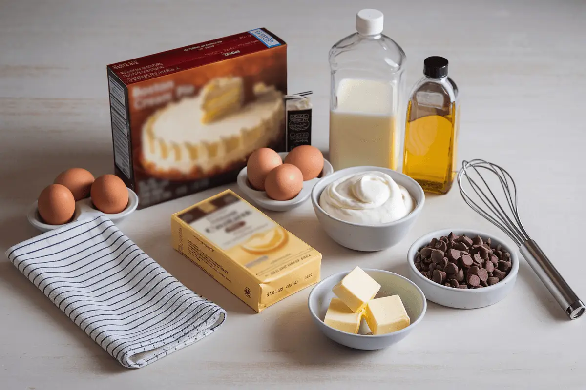 Essential ingredients for the Boston Cream Pie Cake Mix Recipe, including boxed cake mix, eggs, milk, vanilla extract, chocolate chips, and butter.
