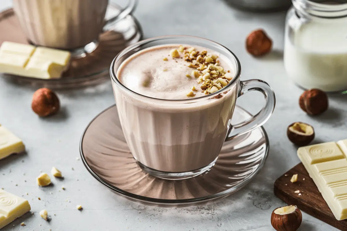 Creamy White Chocolate Hot Cocoa served in a glass mug, topped with crushed hazelnuts, surrounded by white chocolate pieces and fresh milk.