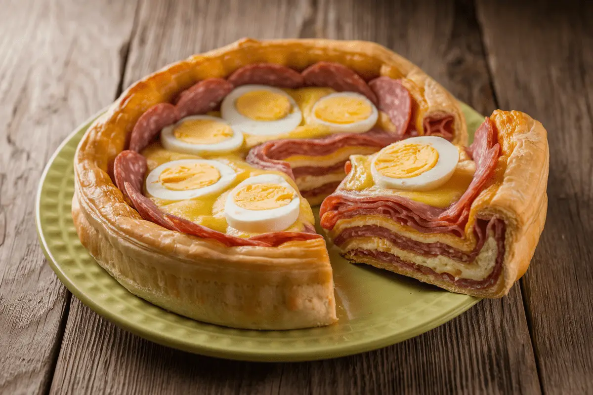 Traditional Italian Pizza Rustica with flaky crust, filled with layers of salami, hard-boiled eggs, cheese, and custard, served on a lime-green plate on a rustic wooden table