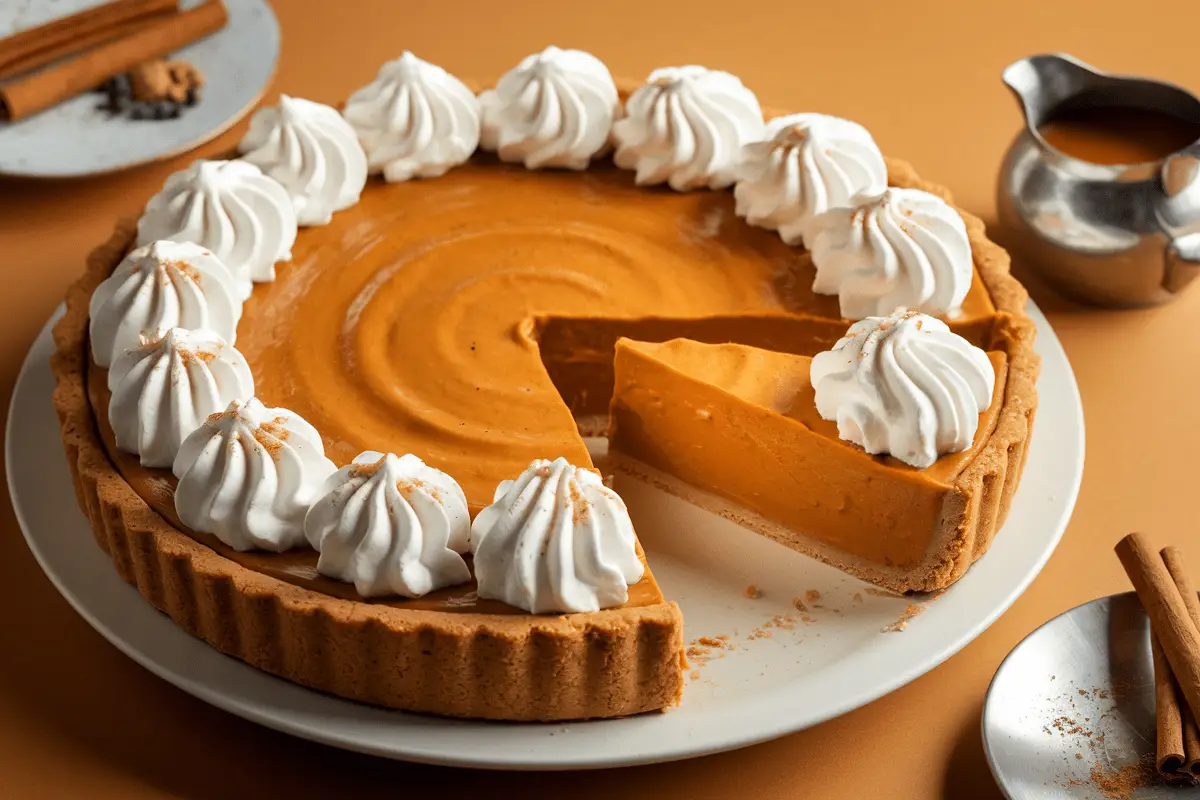 Whole pumpkin pie with condensed milk, topped with whipped cream swirls, and one slice cut to show the creamy filling.