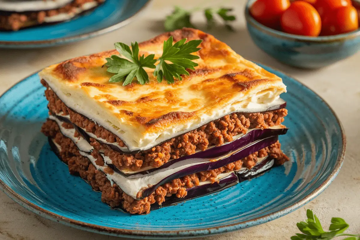 A slice of Simple Moussaka Recipe served on a blue plate, showcasing layers of eggplants, ground beef, and béchamel sauce, garnished with parsley.