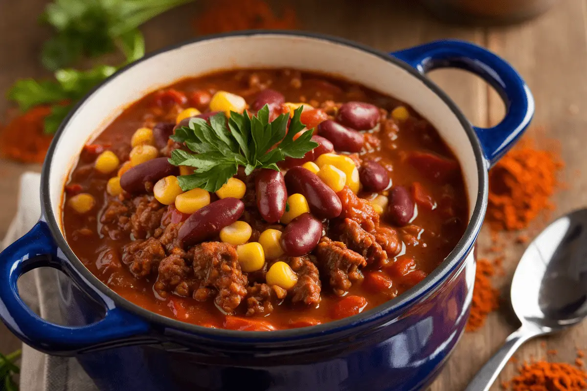 A hearty bowl of Southern Homemade Chili Recipe, filled with ground beef, kidney beans, corn, and garnished with fresh parsley.