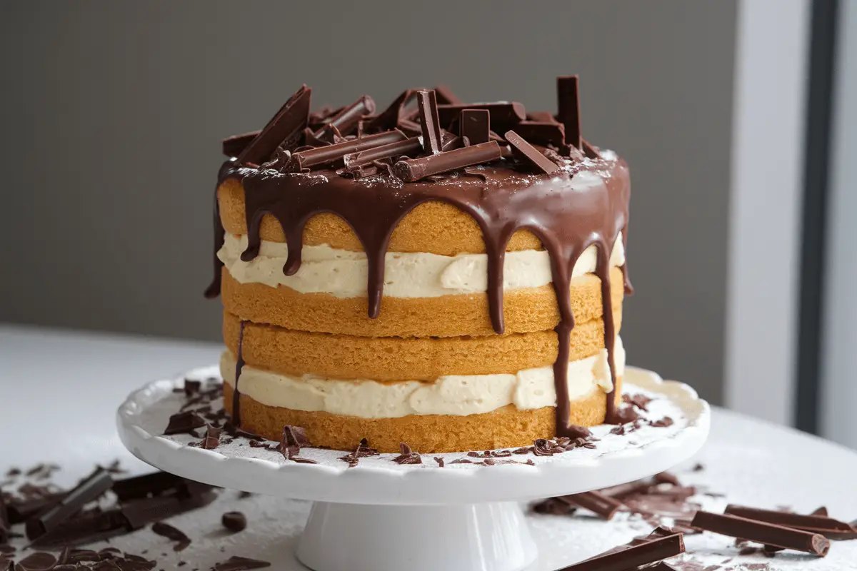 Decadent Boston Cream Pie Cake Mix Recipe, featuring multiple layers of moist cake, creamy custard filling, and rich chocolate ganache drizzle.