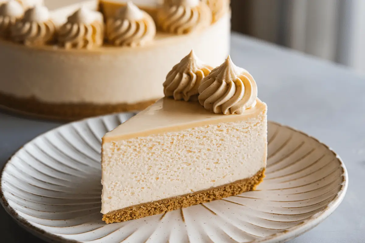 A slice of healthy cheesecake recipe showcasing a smooth, creamy filling and a crunchy crust.