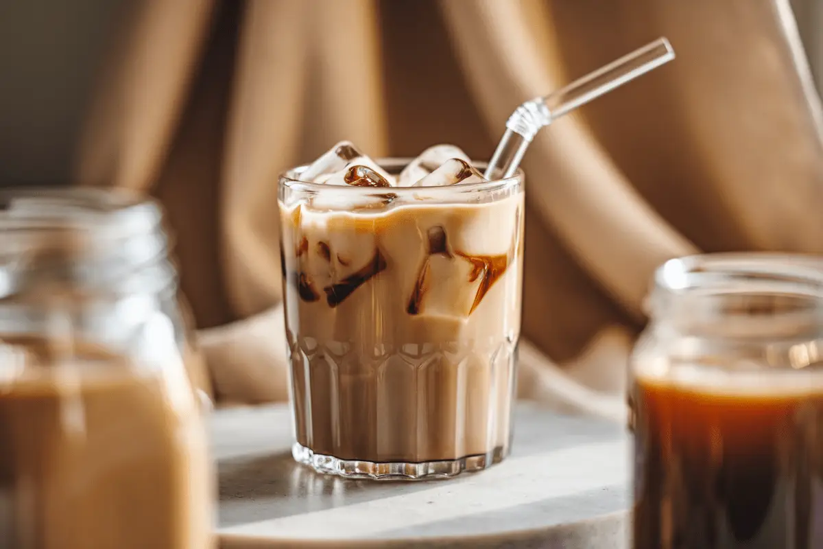 A glass of iced protein coffee with a reusable straw – a delicious and healthy protein coffee recipe.