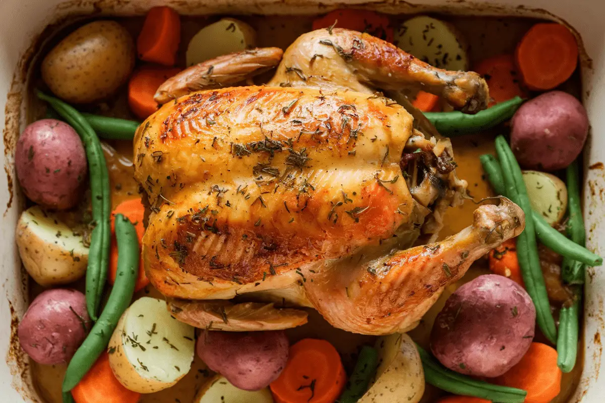 Whole roasted chicken with vegetables including carrots, green beans, and potatoes in a baking dish.