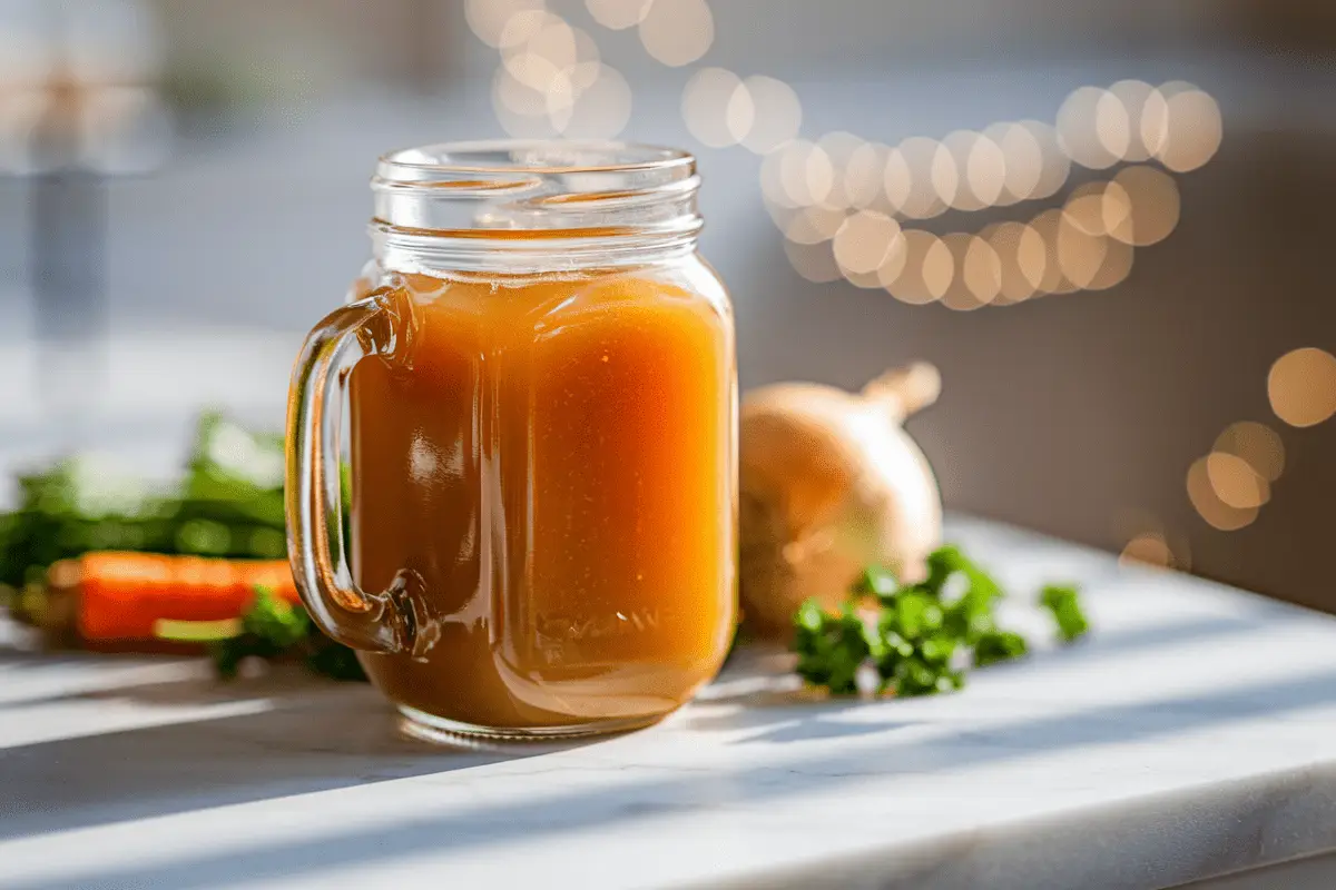 A jar of homemade chicken bone broth surrounded by fresh ingredients, showcasing the final product of a chicken bone broth recipe.