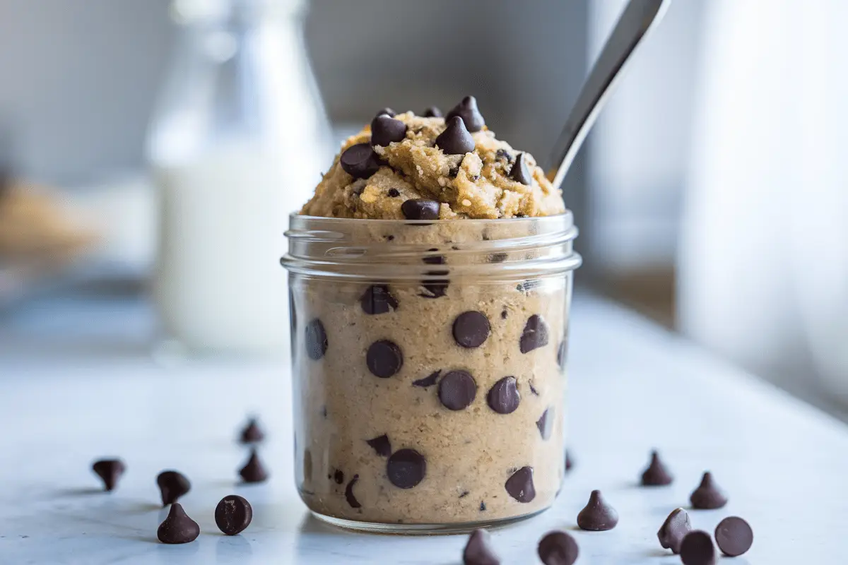 Jar of delicious protein cookie dough recipe with chocolate chips, a healthy and versatile snack.