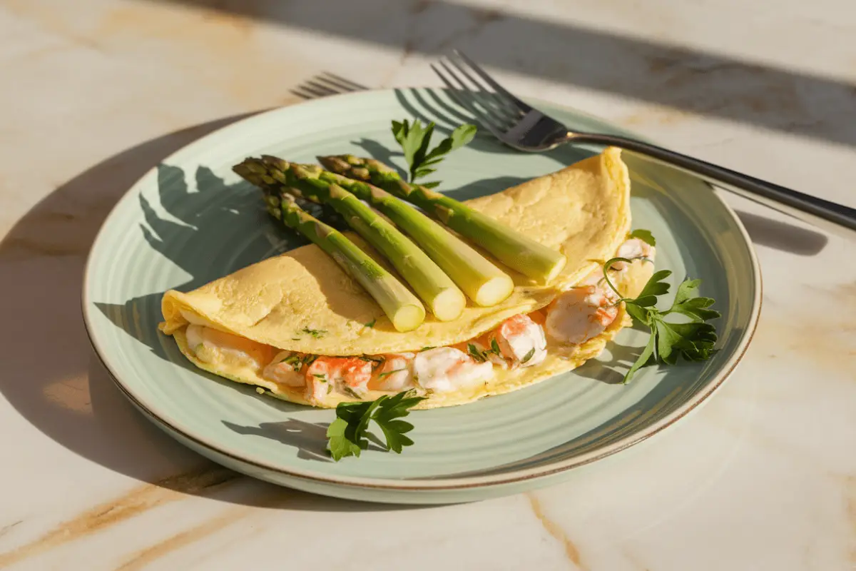 Golden omelet stuffed with crab and herbs, served with asparagus on a pastel green ceramic plate on a marble table.