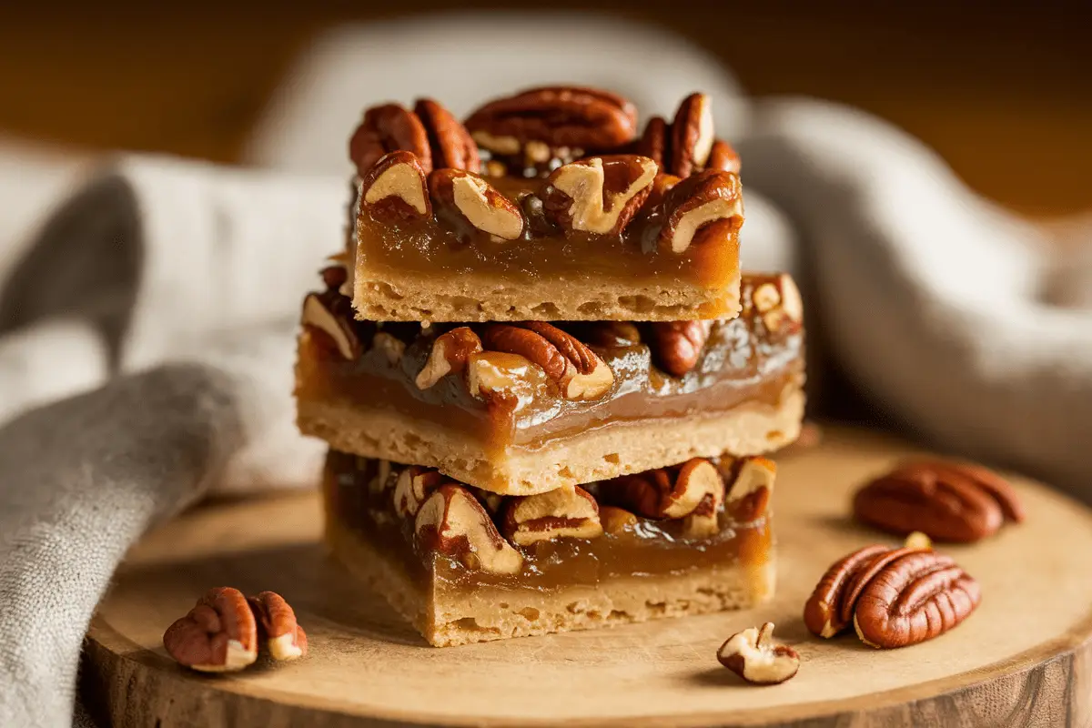 Stacked vegan pecan pie bars with a buttery crust and gooey pecan filling, served on a wooden platter.