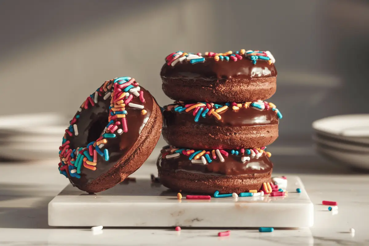 Stacked chocolate protein donuts with colorful sprinkles - Protein Donut Recipe for healthy desserts.