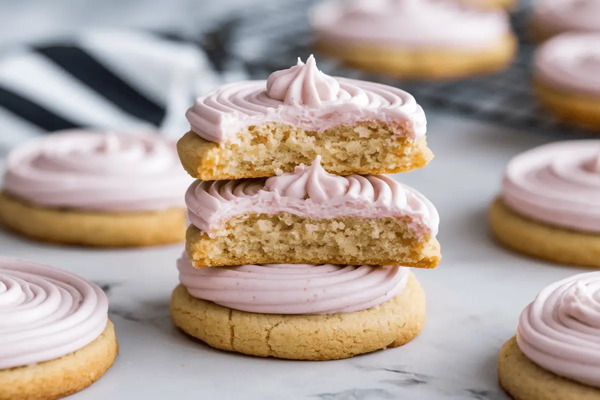 Stack of Crumbl sugar cookies with creamy pink frosting, showcasing their soft and buttery texture.