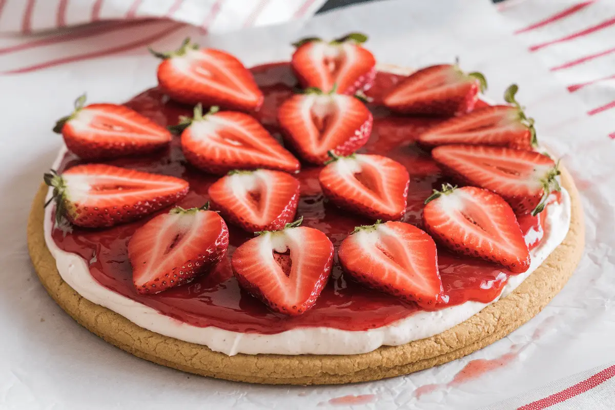 Delicious strawberry pizza recipe with fresh strawberries and creamy topping