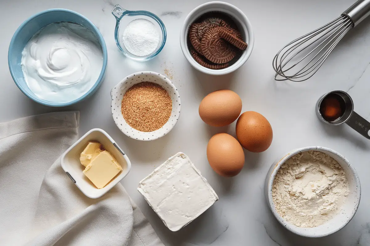 Ingredients for a healthy cheesecake recipe, including Greek yogurt, non-fat cream cheese, and sugar-free sweeteners.