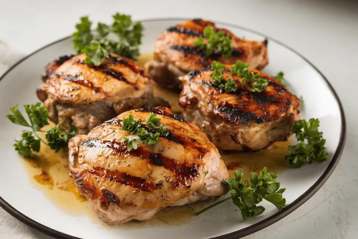 Golden-brown grilled chicken thighs with char marks served on a platter - ideal for grilled chicken thigh recipes.