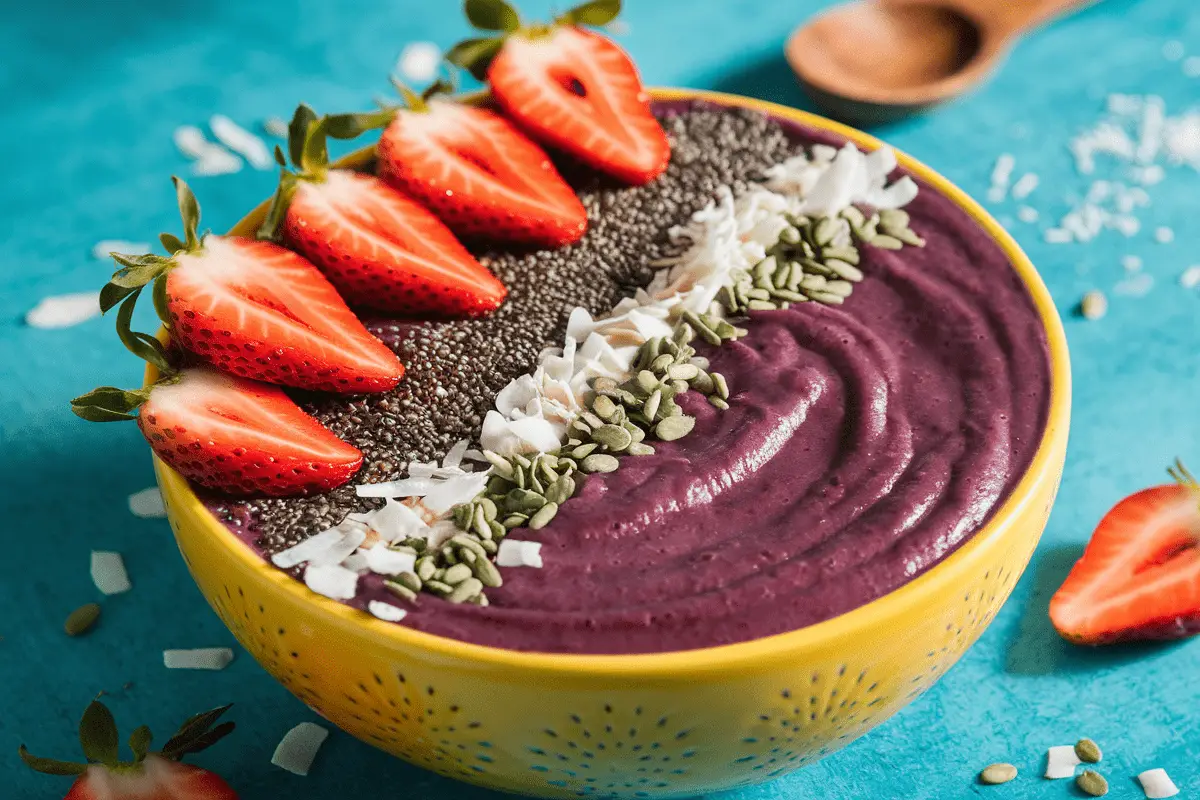 Finished fruit smoothie bowl recipe topped with fresh strawberries, granola, and chia seeds.