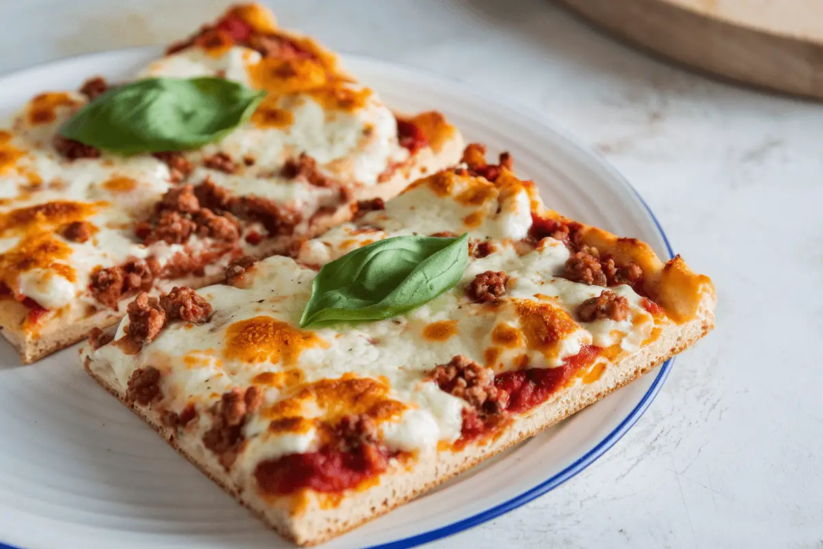 Close-up of two slices of baked school breakfast pizza with golden melted cheese, sausage, and fresh basil on a white plate