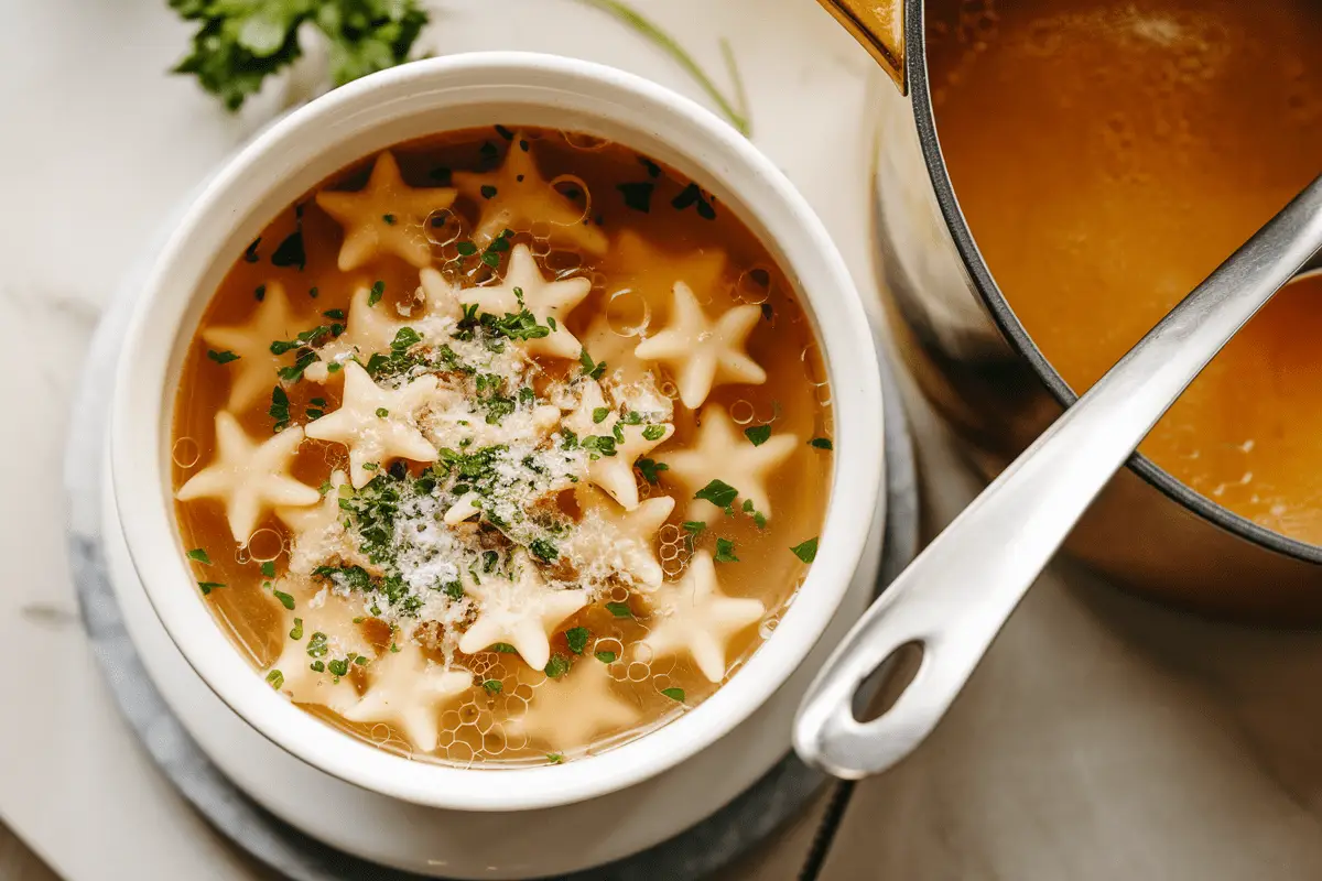 A bowl of Italian pastina soup recipe with tiny pasta stars, rich broth, and parsley garnish.