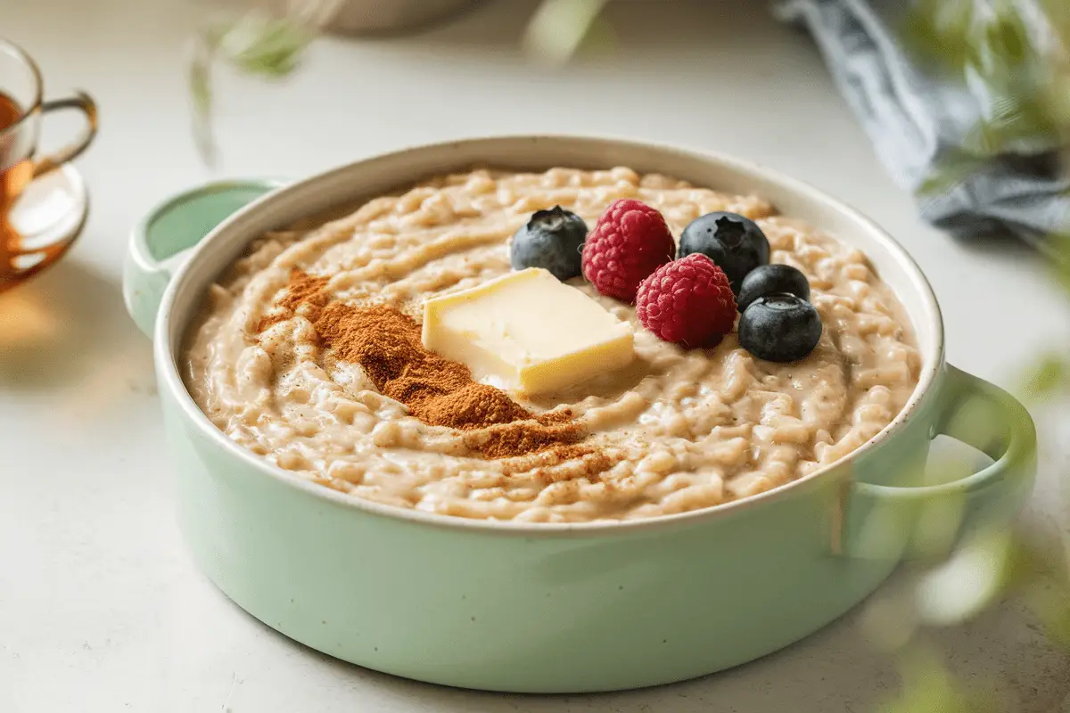 A bowl of creamy farina cereal topped with butter, cinnamon, and fresh berries, served as a nutritious breakfast option.