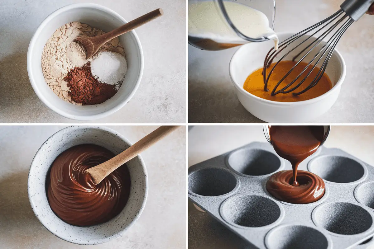 Step-by-step preparation of chocolate protein donuts, including mixing ingredients, pouring batter, and using a donut mold - Protein Donut Recipe.