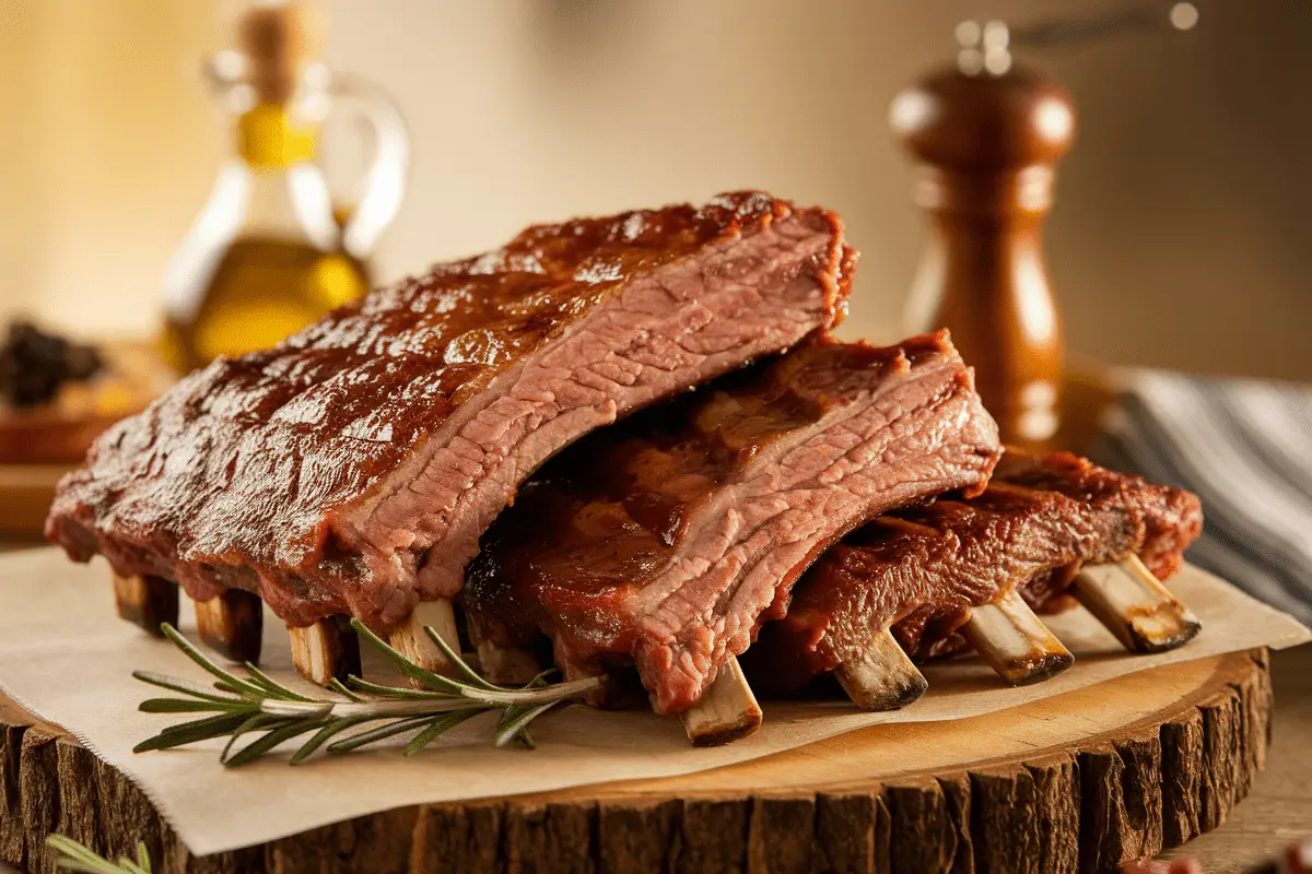 Beef back ribs recipe served on a wooden board with rosemary garnish, showcasing smoky and caramelized ribs.