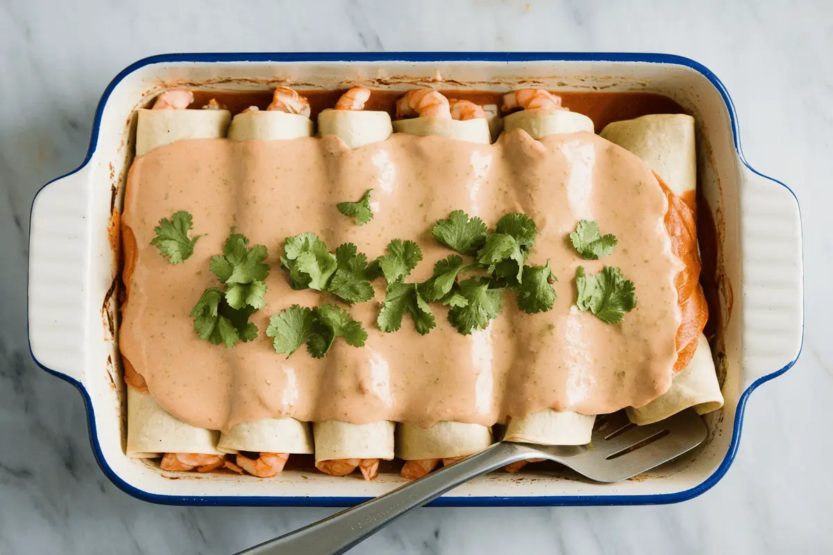 Seafood enchiladas in a white baking dish, topped with creamy beige sauce and garnished with cilantro for a delicious enchilada recipe.