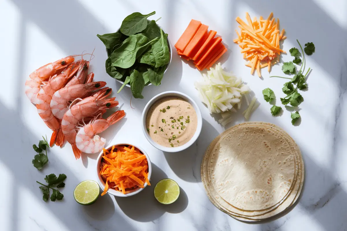 Flat-lay of key ingredients for a Seafood Enchilada Recipe, including shrimp, tortillas, cheese, and creamy sauce on a white marble countertop.