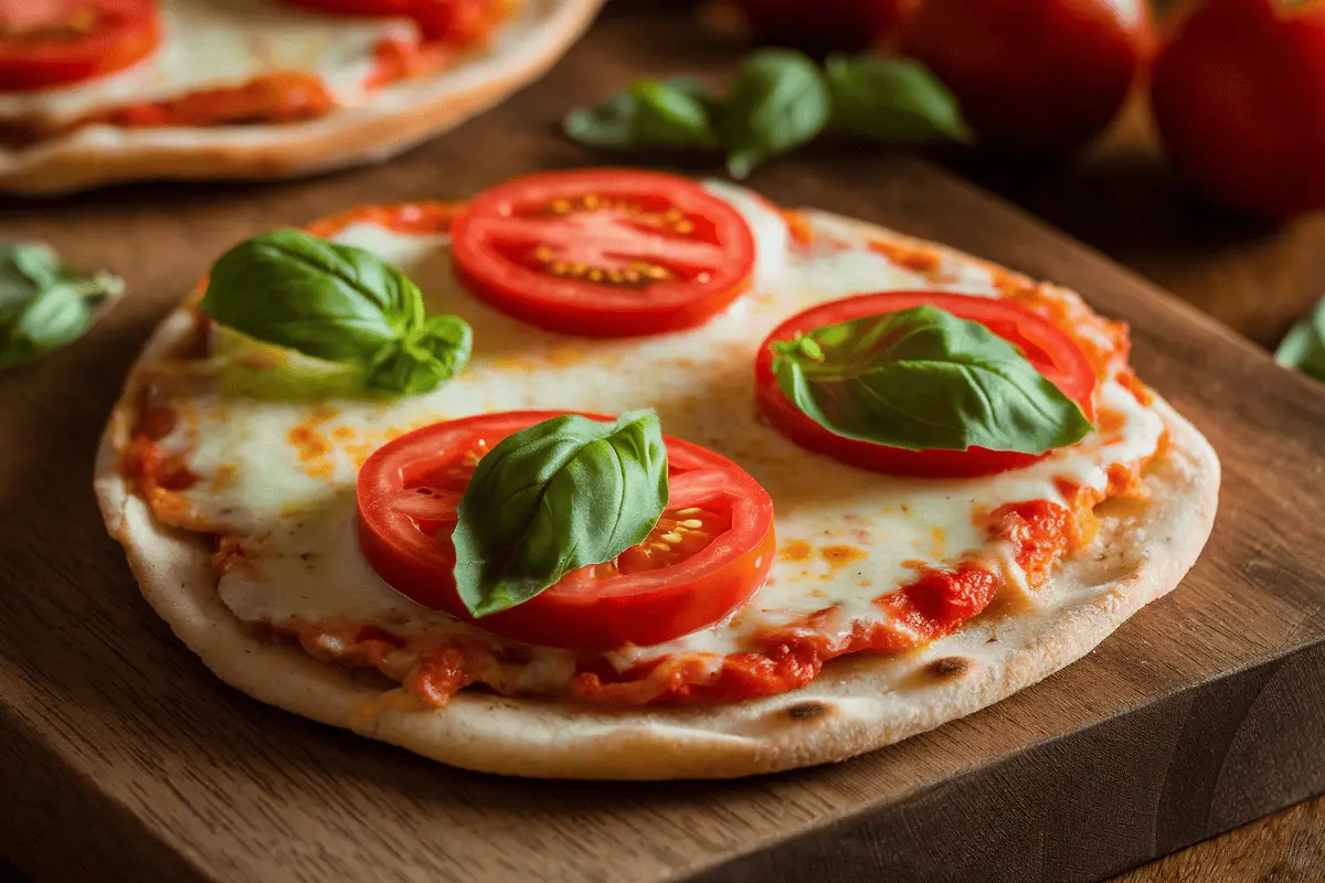 Homemade naan bread pizza with melted cheese, fresh tomato slices, and basil leaves on a rustic wooden table.