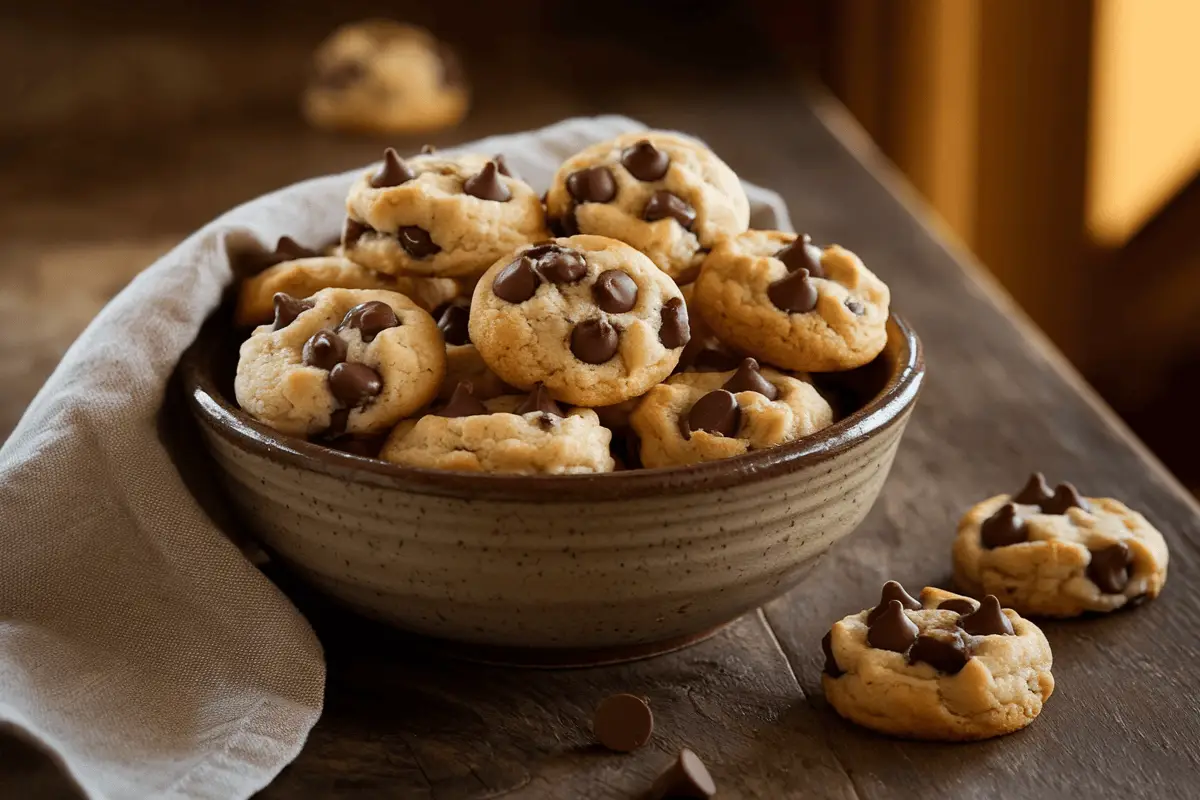 A bowl of golden-brown mini chocolate chip cookies served with a cozy decorative background.