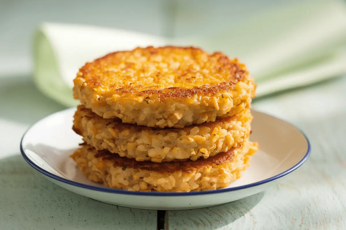 Golden fried grits patties served on a white plate garnished with chives, perfect for a crispy fried grits patties recipe.