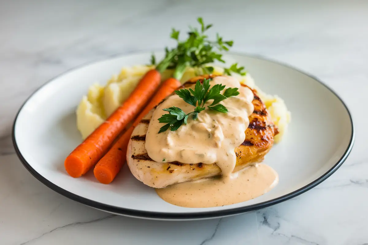 Chicken cream cheese recipe served with mashed potatoes and carrots on a white plate.