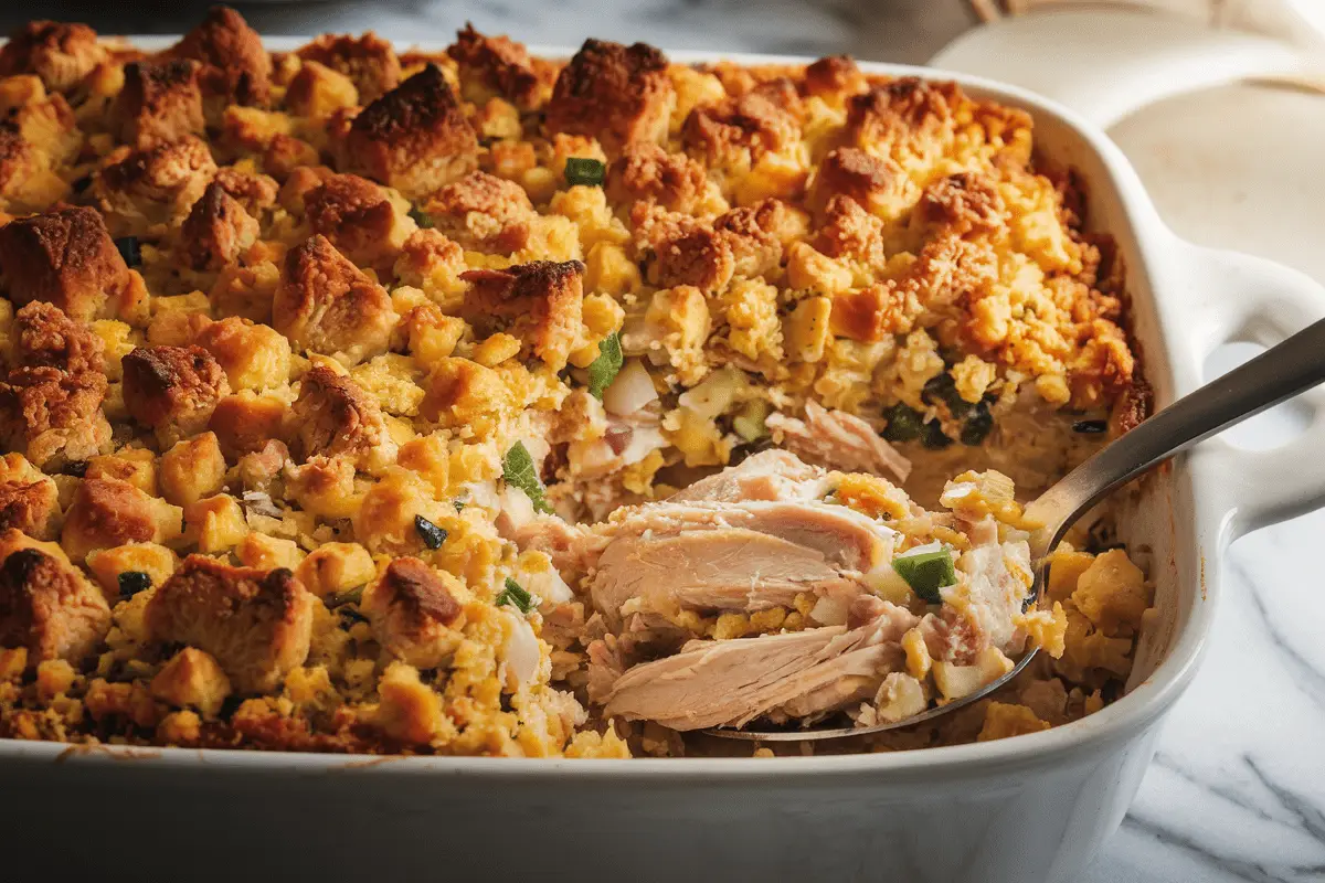 Freshly baked chicken and dressing casserole with a golden crust, served in a white dish.