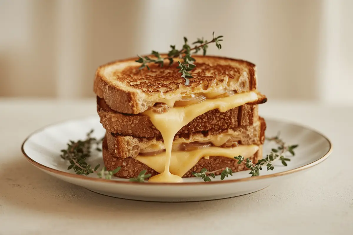 Served French onion grilled cheese sandwich with gooey cheese and caramelized onions. Cooking French onion grilled cheese in a skillet until golden and crispy.