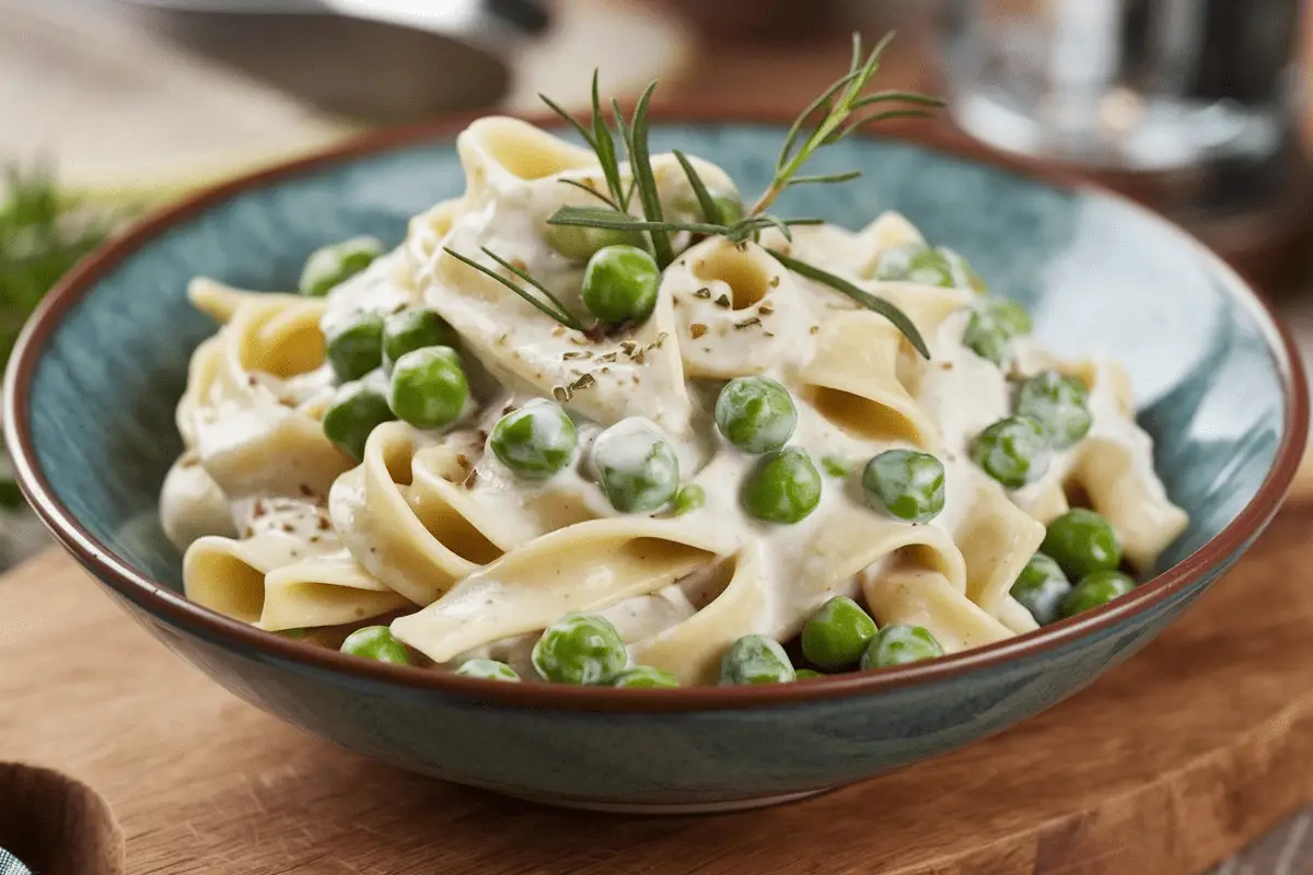 Creamy pasta and peas served in a bowl - easy recipe. One-pot pasta and peas recipe with Parmesan cheese.