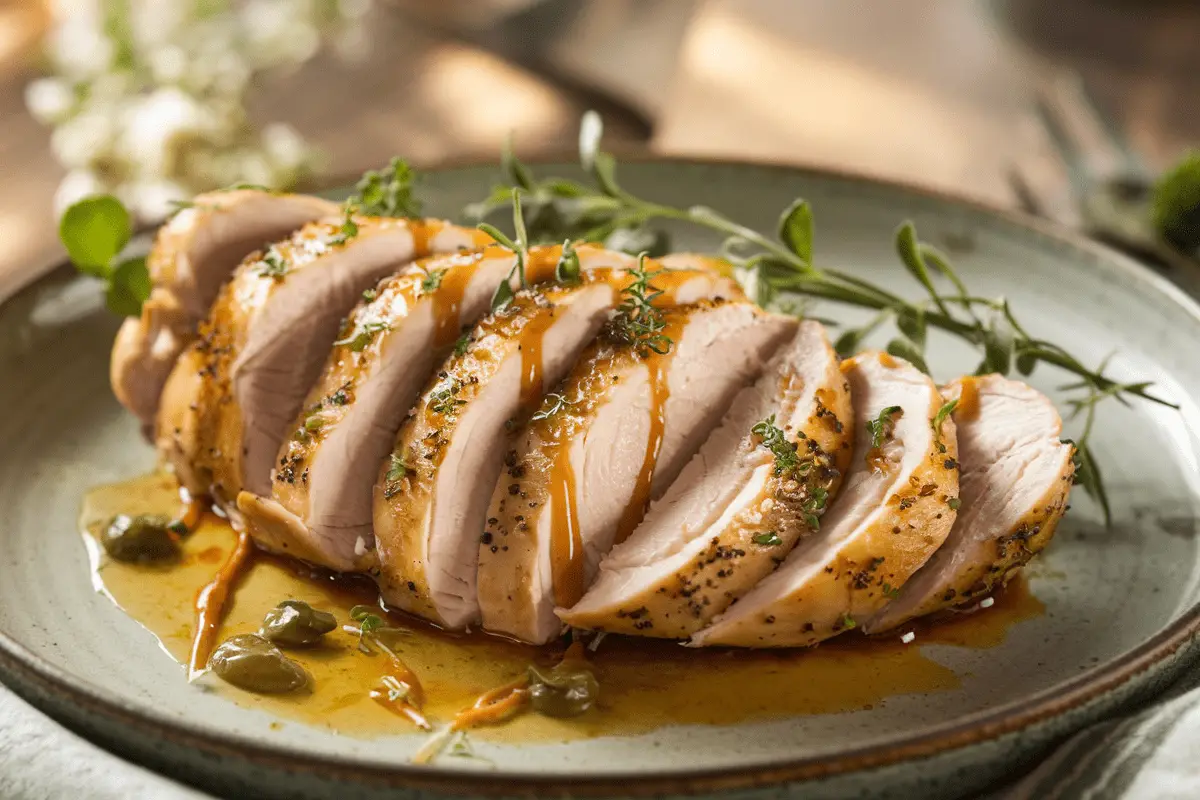 Lemon-garlic thin sliced chicken served with quinoa and greens. Slicing chicken breast thinly with a sharp knife for recipes.