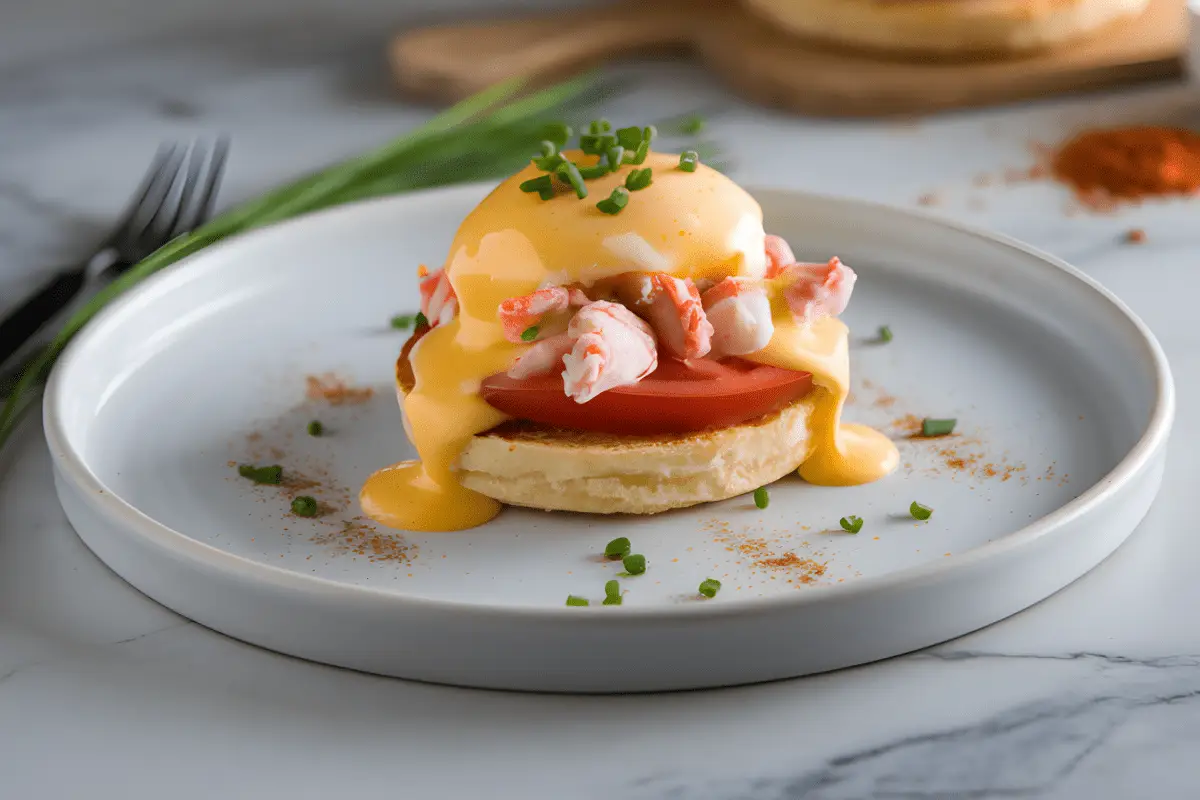 Crab eggs benedict recipe served on a white plate with toasted English muffins, lump crab meat, poached eggs, Hollandaise sauce, and garnished with chives for a gourmet brunch presentation.