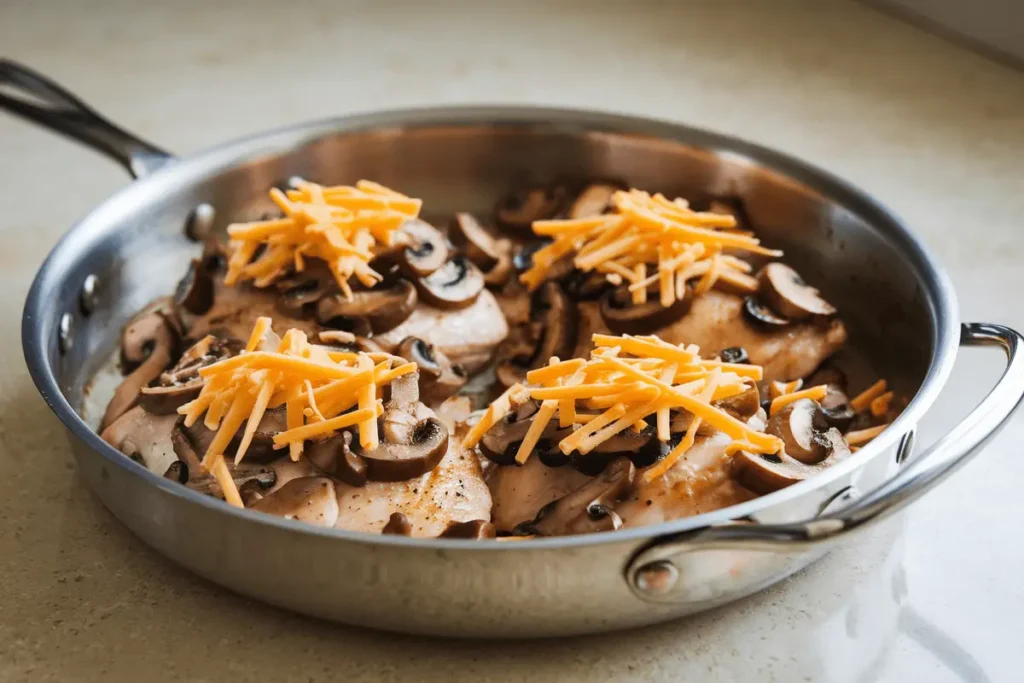 Chicken breasts topped with sautéed mushrooms and shredded cheese, ready to bake for Alice Springs Chicken Recipe.