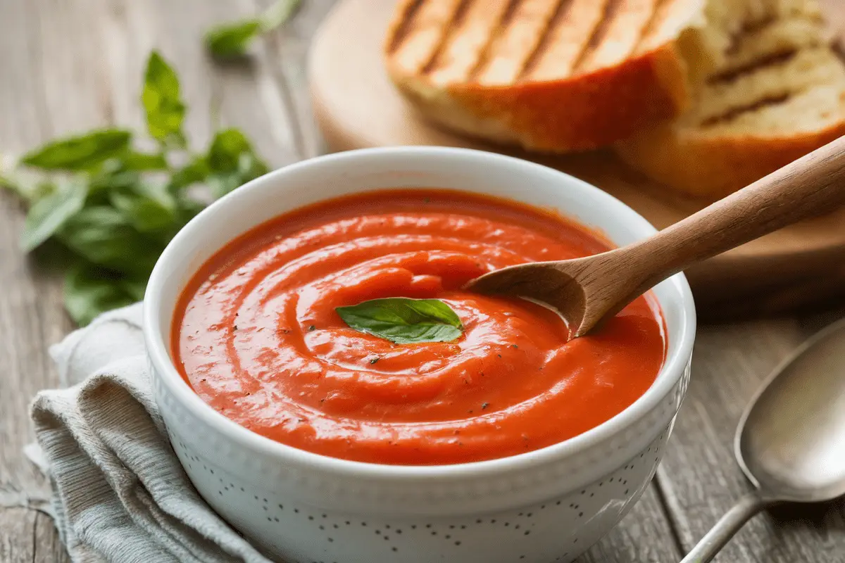 Canned Tomato Soup Recipe in a Bowl. Canned Tomato Soup Served with Grilled Cheese