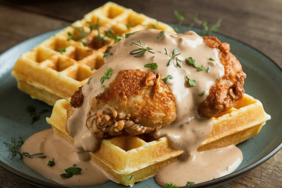 Savory gravy for chicken and waffles recipe. Chicken and waffles with gravy, the perfect comfort food.