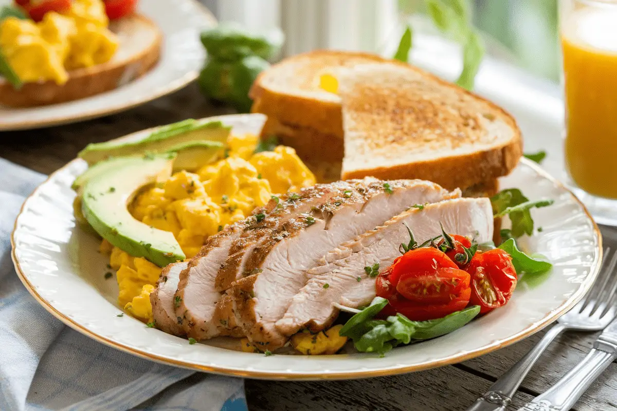 A delicious Chicken Breakfast Recipe with sliced chicken breast, scrambled eggs, avocado slices, toasted bread, and cherry tomatoes on a white plate.