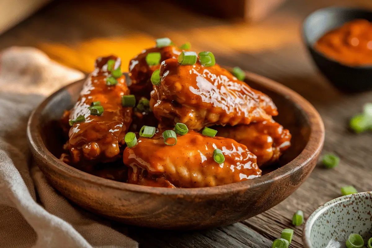 Crispy Honey Buffalo Wings coated in a rich, tangy sauce and garnished with fresh green onions, served in a rustic wooden bowl.