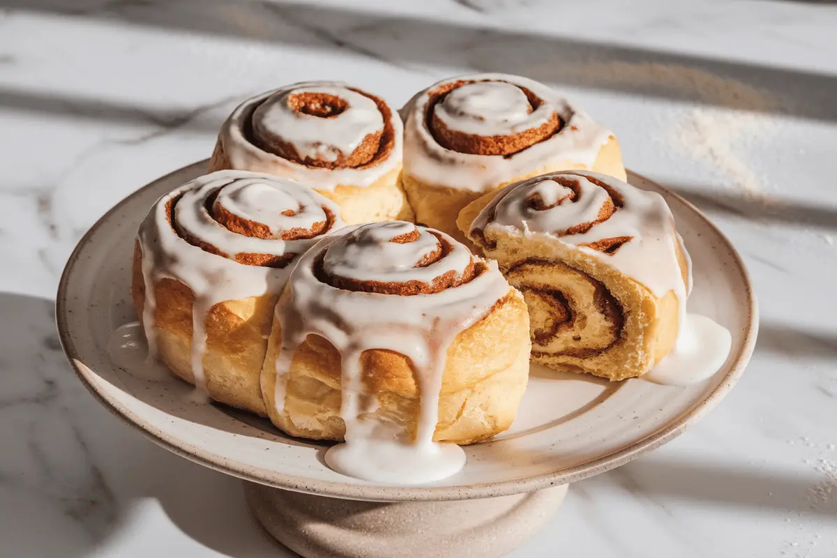 Final plated sourdough cinnamon rolls topped with creamy frosting on a neutral-toned plate with marble background.