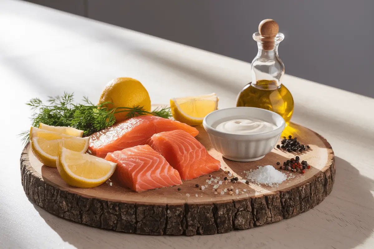 Ingredients for Salmon Bites Recipe, including fresh salmon and herbs